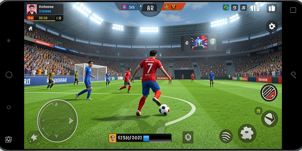 Tampilan gameplay terbaik dari 55RT yang menggambarkan aksi sepak bola.