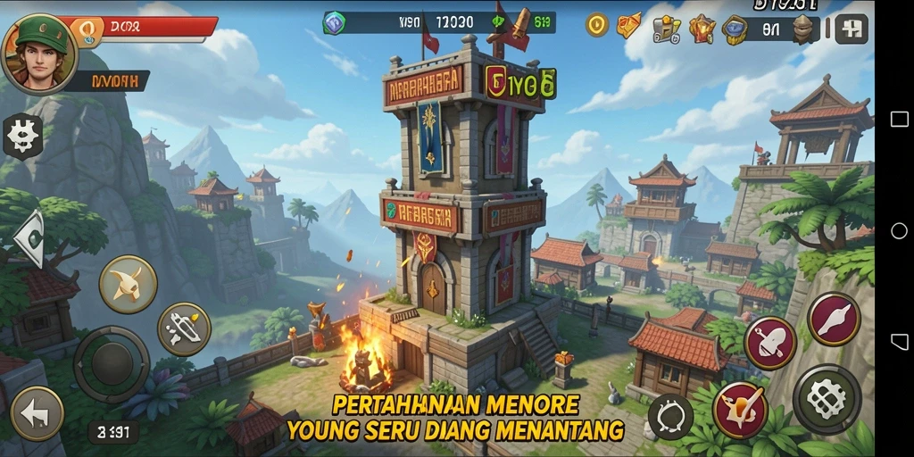Screenshot gameplay DYO1 yang menunjukkan pertahanan menara yang strategis.