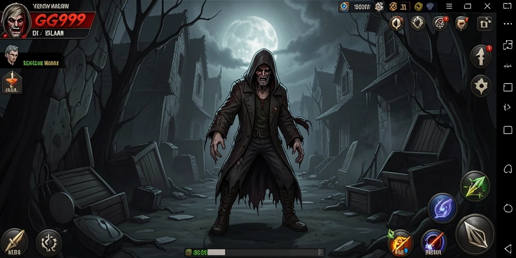Tangkapan layar gameplay GG999 menampilkan karakter dalam kegelapan yang mengerikan.