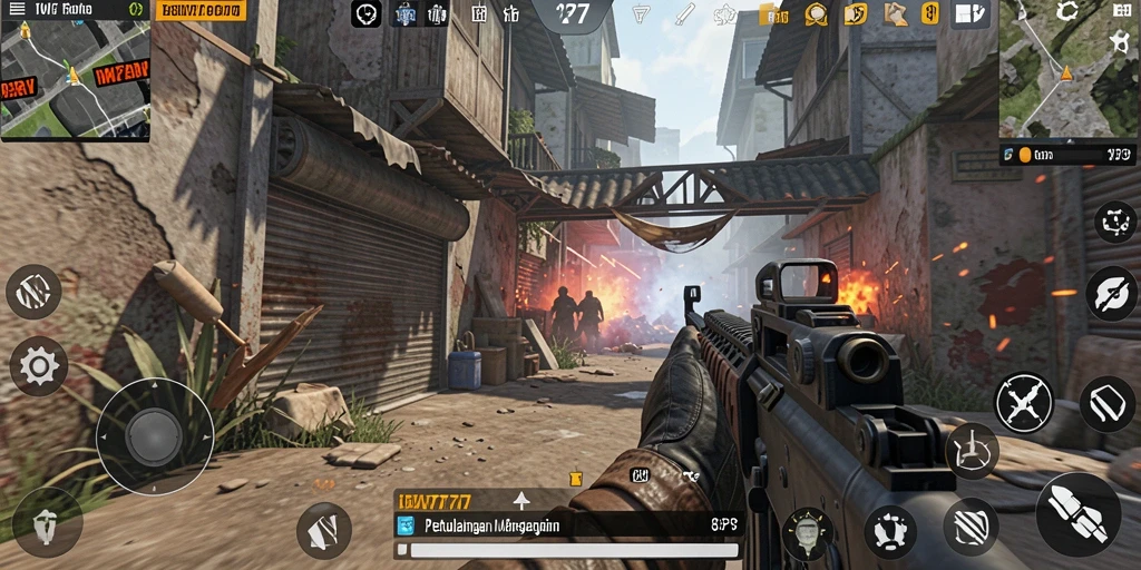 Tampilan gameplay IW777 dengan aksi tembak-tembakan yang intens.