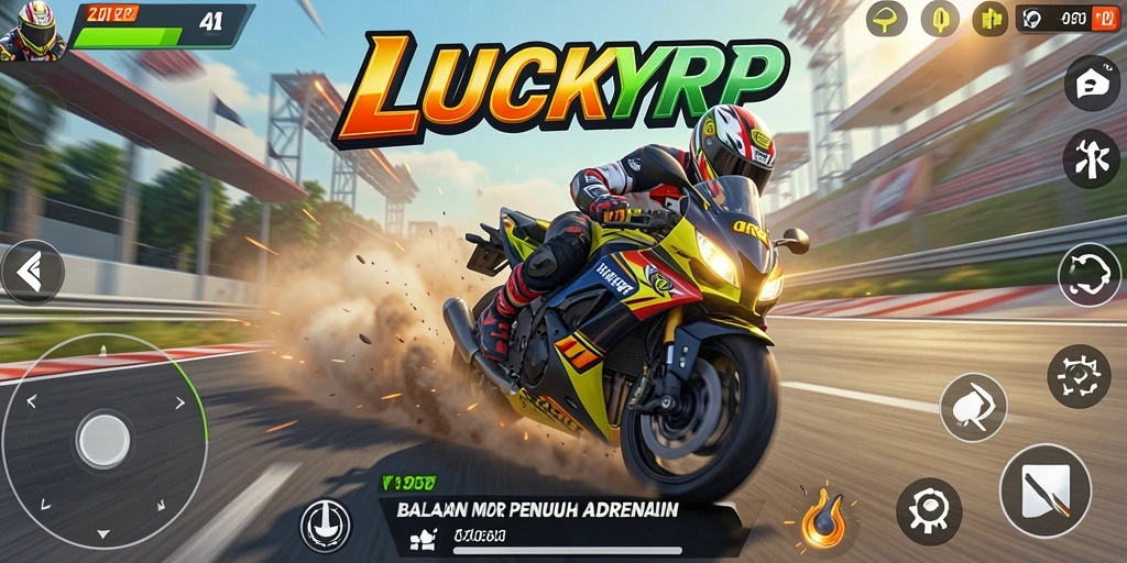 Tangkapan layar dari gameplay LUCKYRP menampilkan balapan motor yang intens.