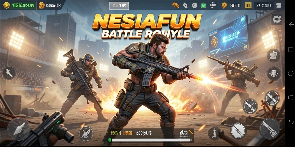 Screenshot utama NESIAFUN dengan aksi pertempuran Battle Royale yang mendebarkan.