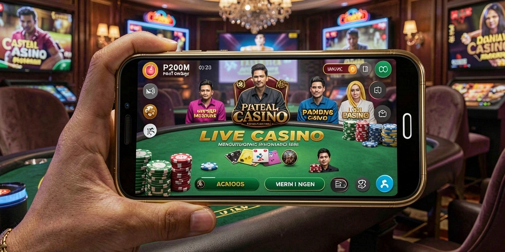 Screenshot gameplay P200M menampilkan dealer langsung dan suasana kasino yang nyata.